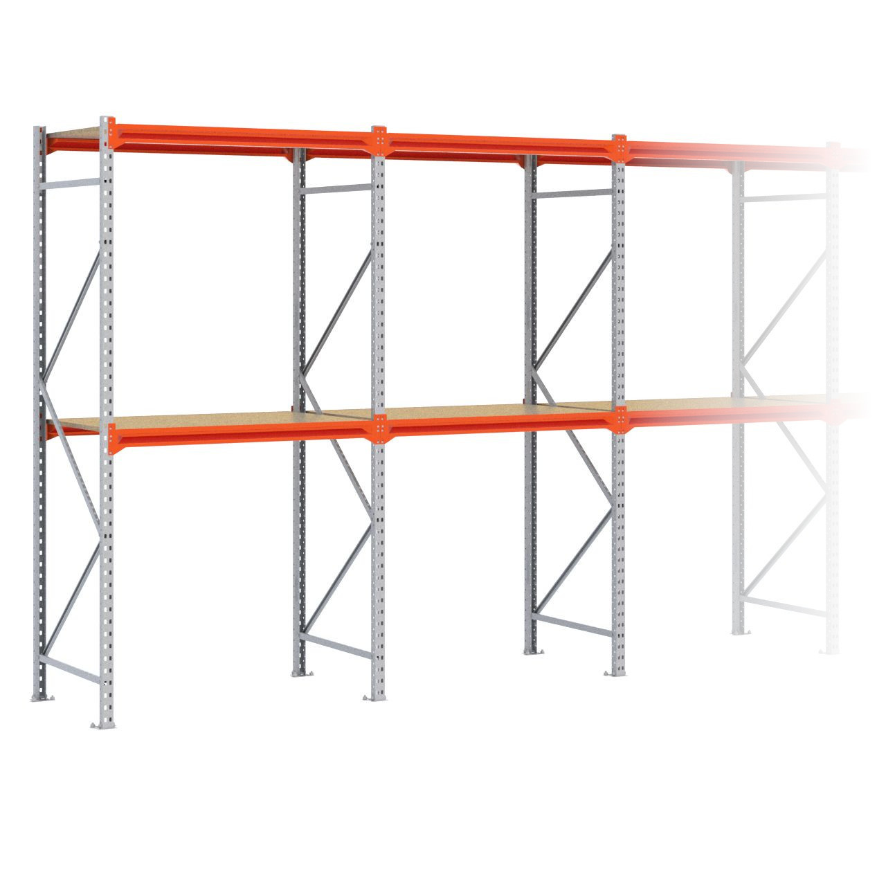 Grootvakstelling 2.500 mm x 11.300 mm x 800 mm (HxLxD) - 2 niveaus (Liggers 1.200 mm) GALVA