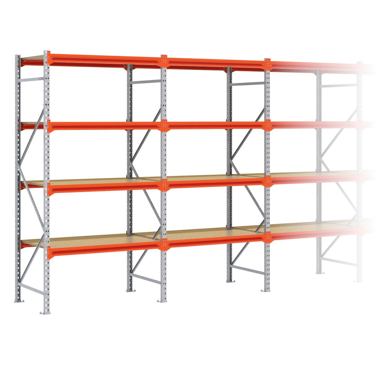 Grootvakstelling 2.500 mm x 12.600 mm x 800 mm (HxLxD) - 4 niveaus (Liggers 1.200 mm) GALVA