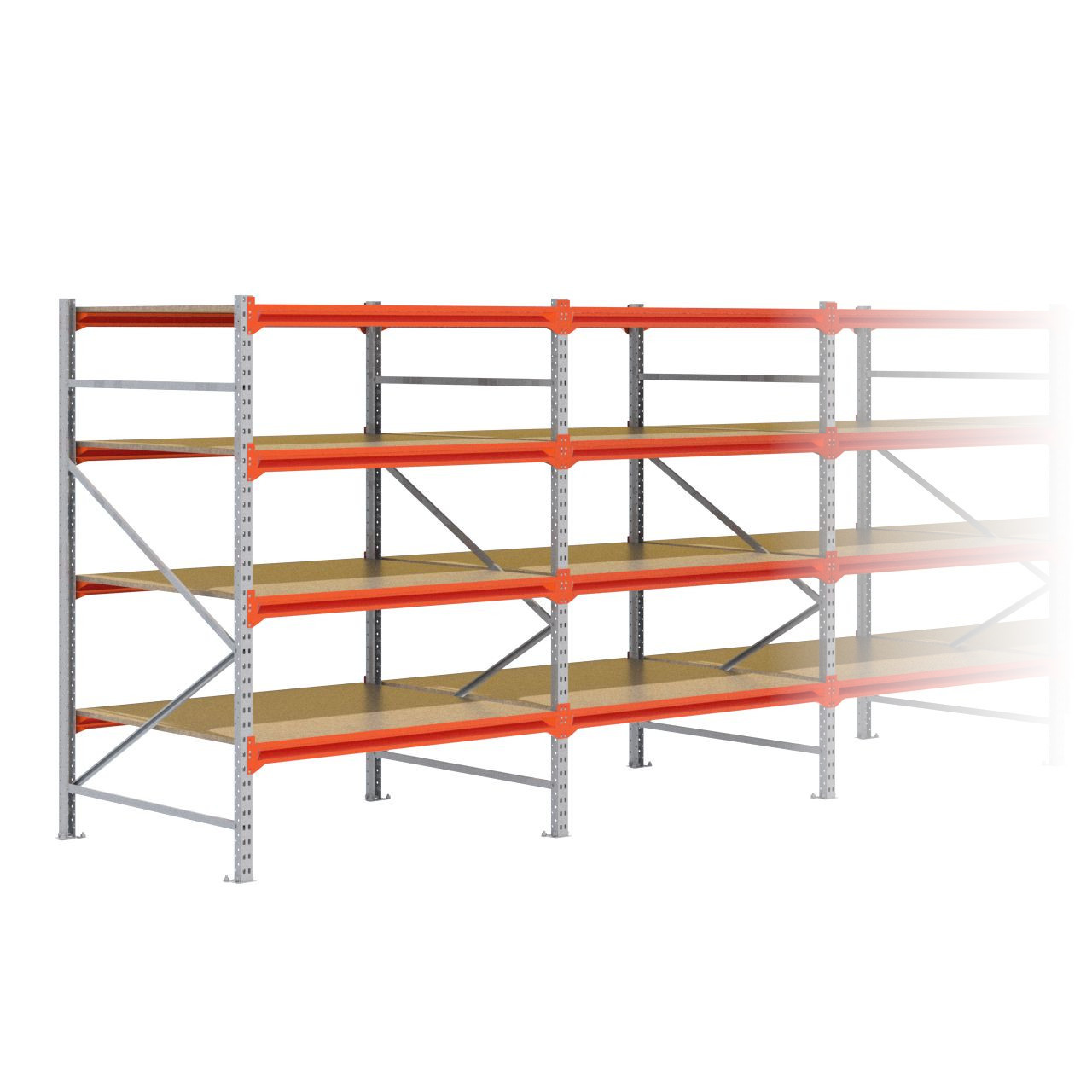 Grootvakstelling 2.000 mm x 9.900 mm x 1.200 mm (HxLxD) - 4 niveaus GALVA (Liggers: 1.350 mm)