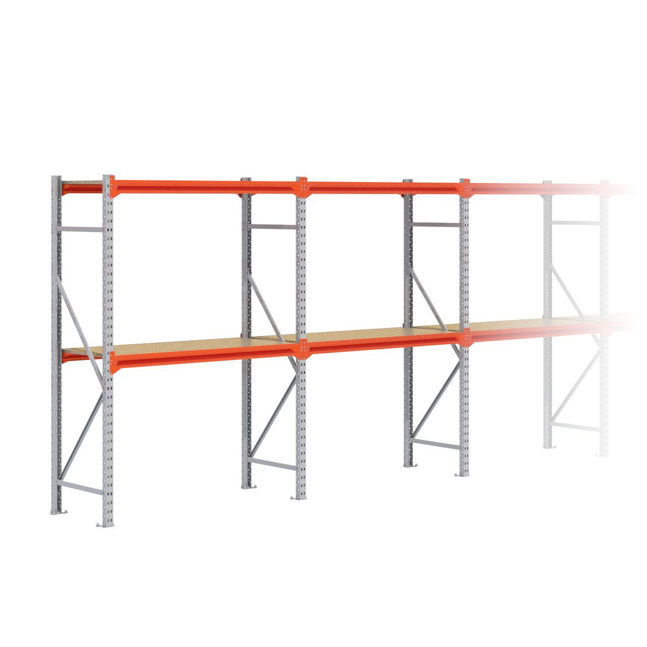 Grootvakstelling 2.000 mm x 14.100 mm x 600 mm (HxLxD) - 2 niveaus GALVA (Liggers: 1.350 mm)
