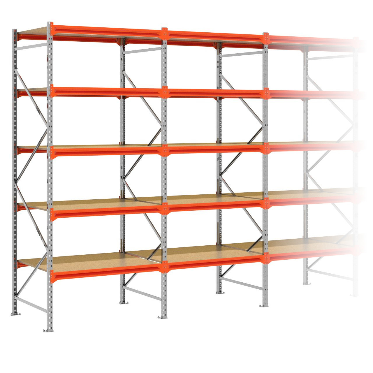 Grootvakstelling 3.000 mm x 10.100 mm x 1.000 mm (HxLxD) - 5 niveaus (Liggers 1.200 mm) GALVA