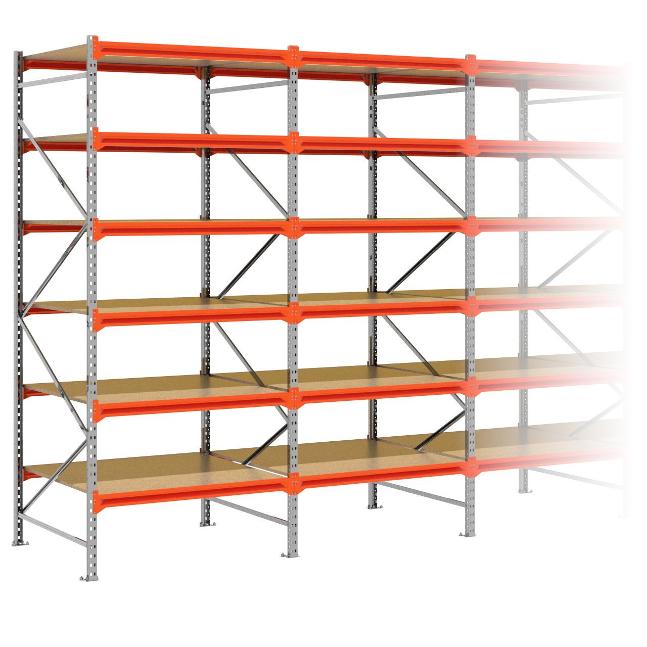 Grootvakstelling 3.000 mm x 10.100 mm x 1.200 mm (HxLxD) - 6 niveaus (Liggers 1.200 mm) GALVA