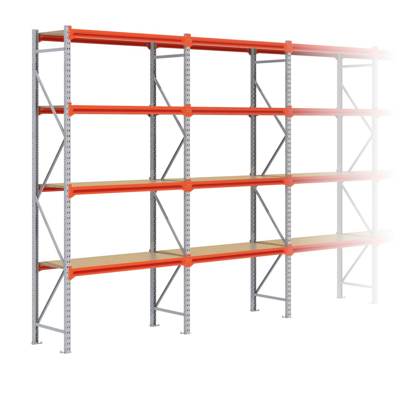 Grootvakstelling 3.000 mm x 11.300 mm x 600 mm (HxLxD) - 4 niveaus GALVA