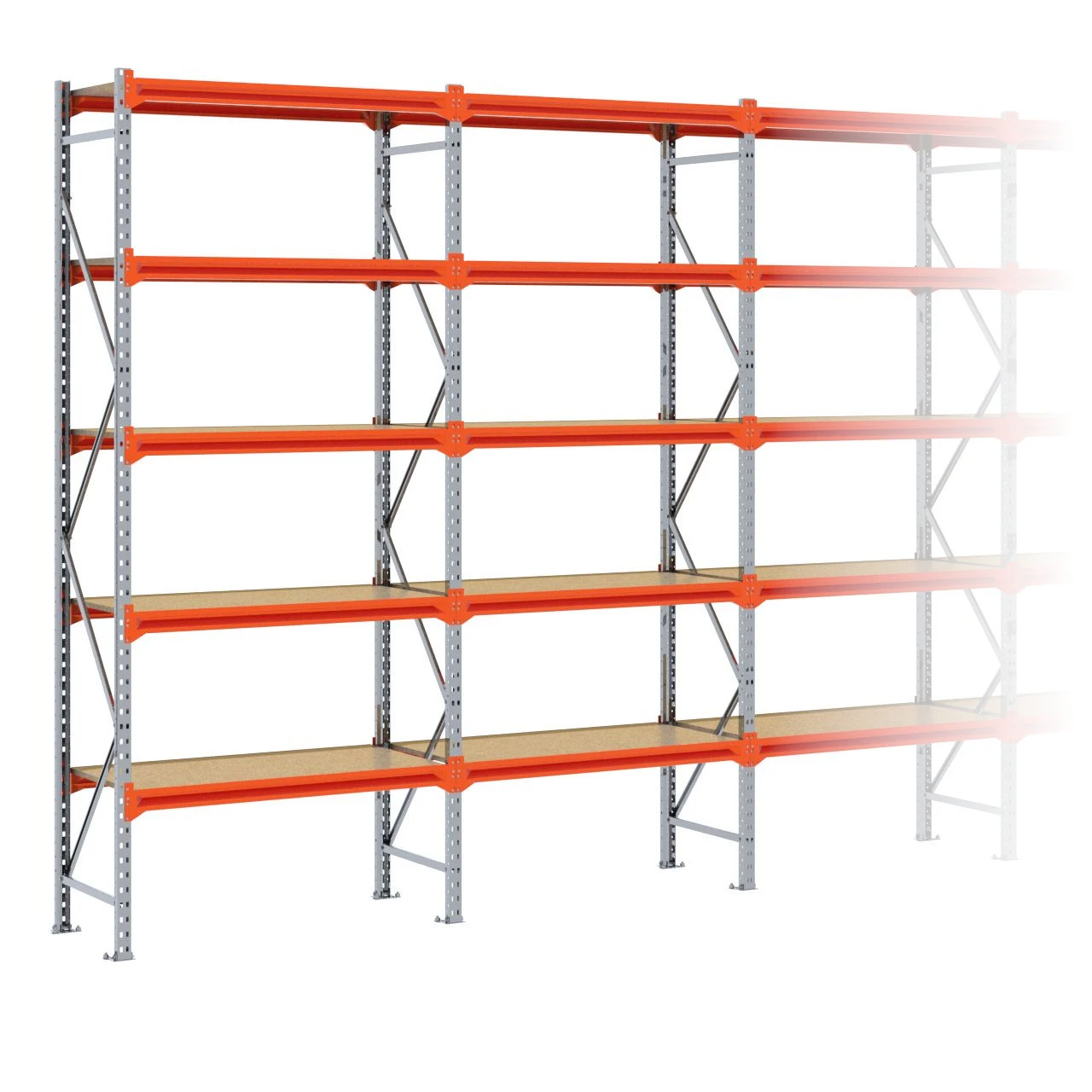 Grootvakstelling 3.000 mm x 12.600 mm x 600 mm (HxLxD) - 5 niveaus (Liggers 1.200 mm) GALVA