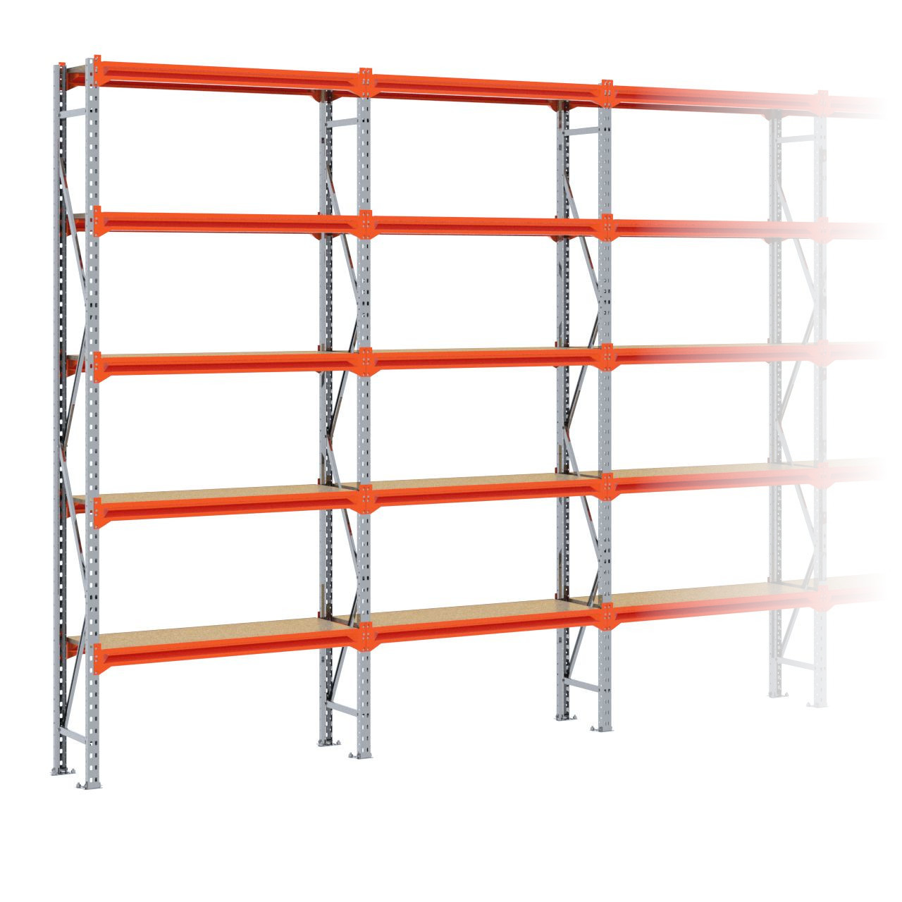 Grootvakstelling 3.000 mm x 12.600 mm x 400 mm (HxLxD) - 5 niveaus (Liggers 1.200 mm) GALVA