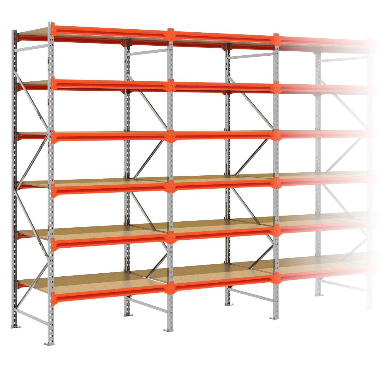 Grootvakstelling 3.000 mm x 12.600 mm x 1.000 mm (HxLxD) - 6 niveaus (Liggers 1.200 mm) GALVA