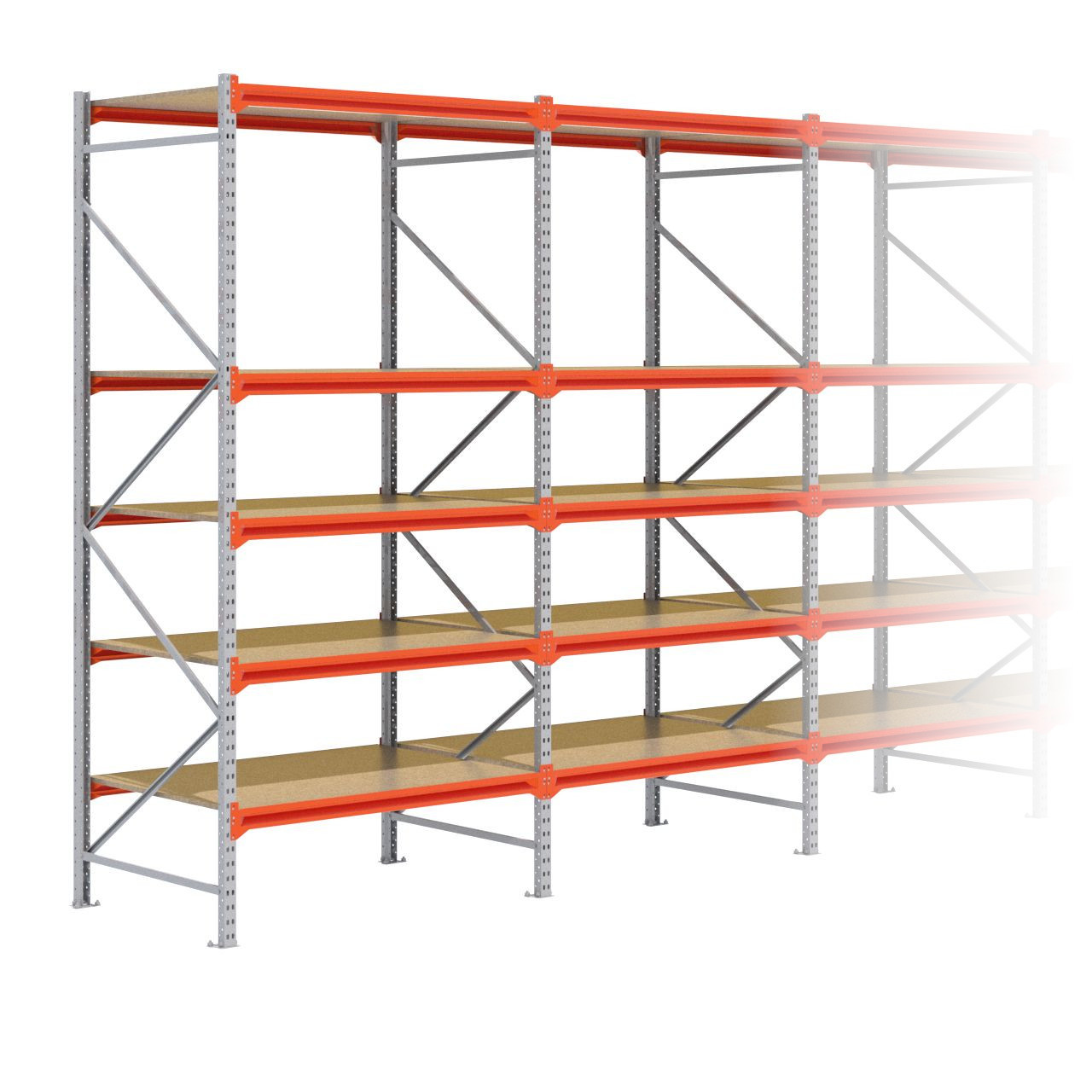 Grootvakstelling 3.000 mm x 14.100 mm x 1.000 mm (HxLxD) - 6 niveaus GALVA (Liggers: 1.350 mm)