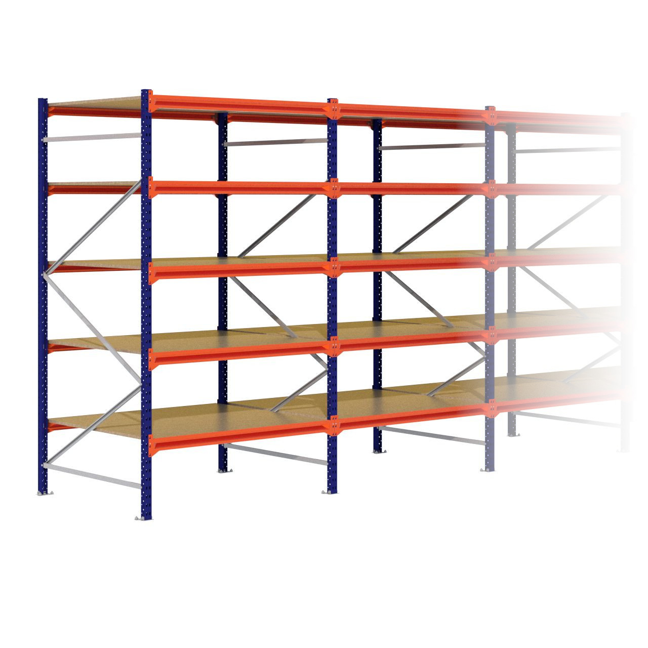Grootvakstelling 2.500 mm x 14.100 mm x 1.200 mm (HxLxD) - 5 niveaus (Liggers: 1.350 mm)