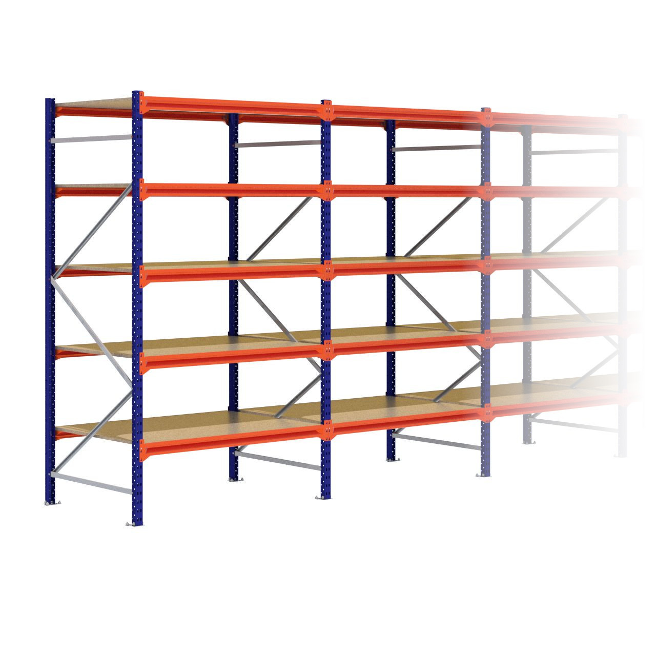 Grootvakstelling 2.500 mm x 14.100 mm x 1.000 mm (HxLxD) - 5 niveaus (Liggers: 1.350 mm)