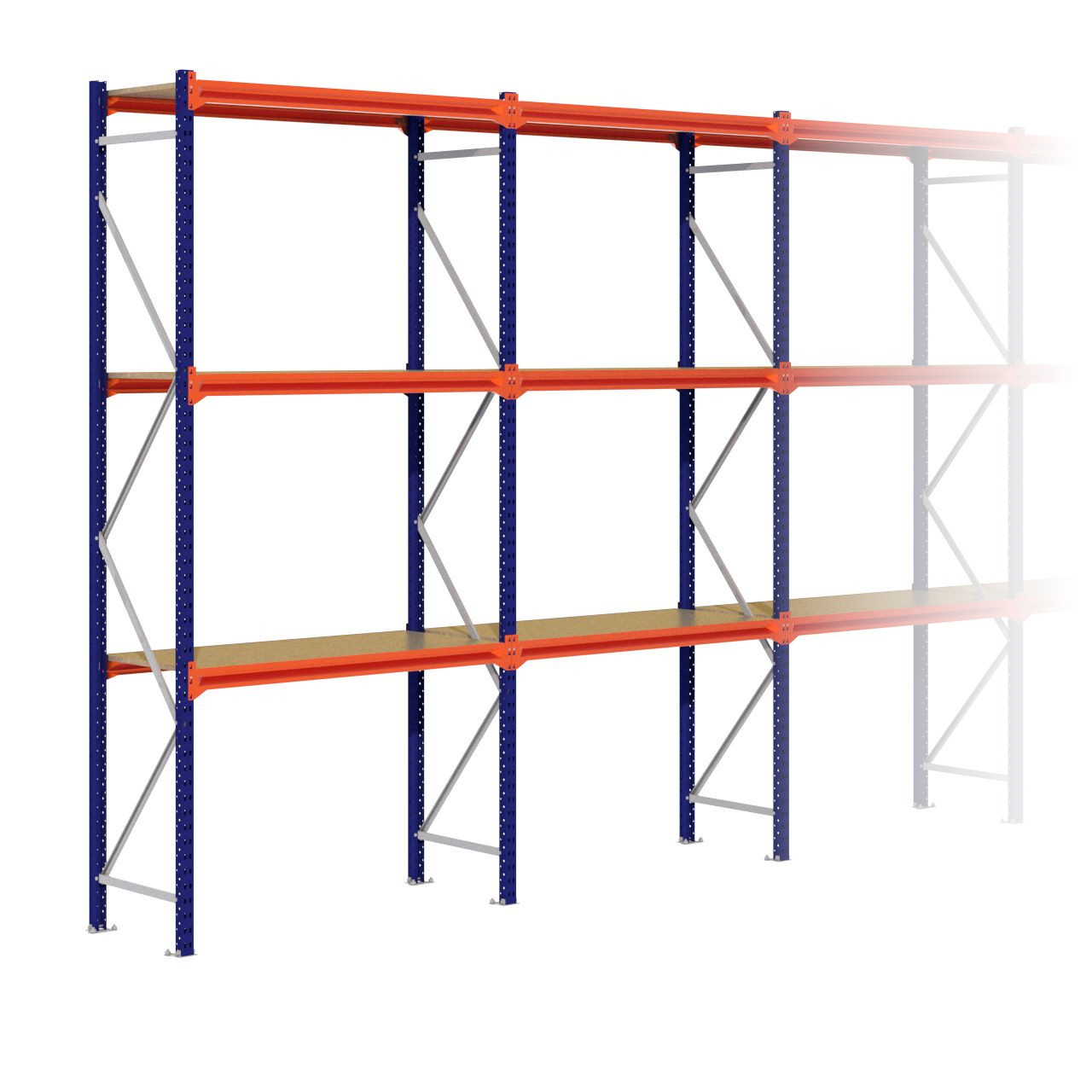 Grootvakstelling 3.000 mm x 14.100 mm x 600 mm (HxLxD) - 3 niveaus (Liggers: 1.350 mm)