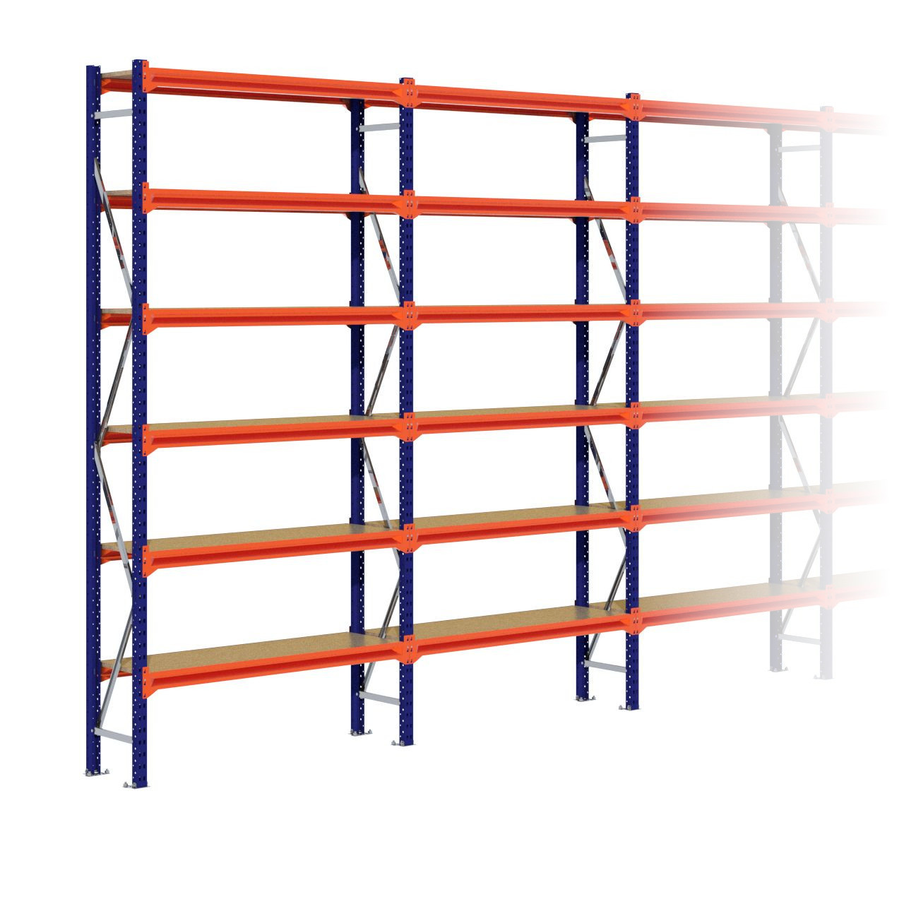 Grootvakstelling 3.000 mm x 14.100 mm x 400 mm (HxLxD) - 6 niveaus (Liggers: 1.350 mm)