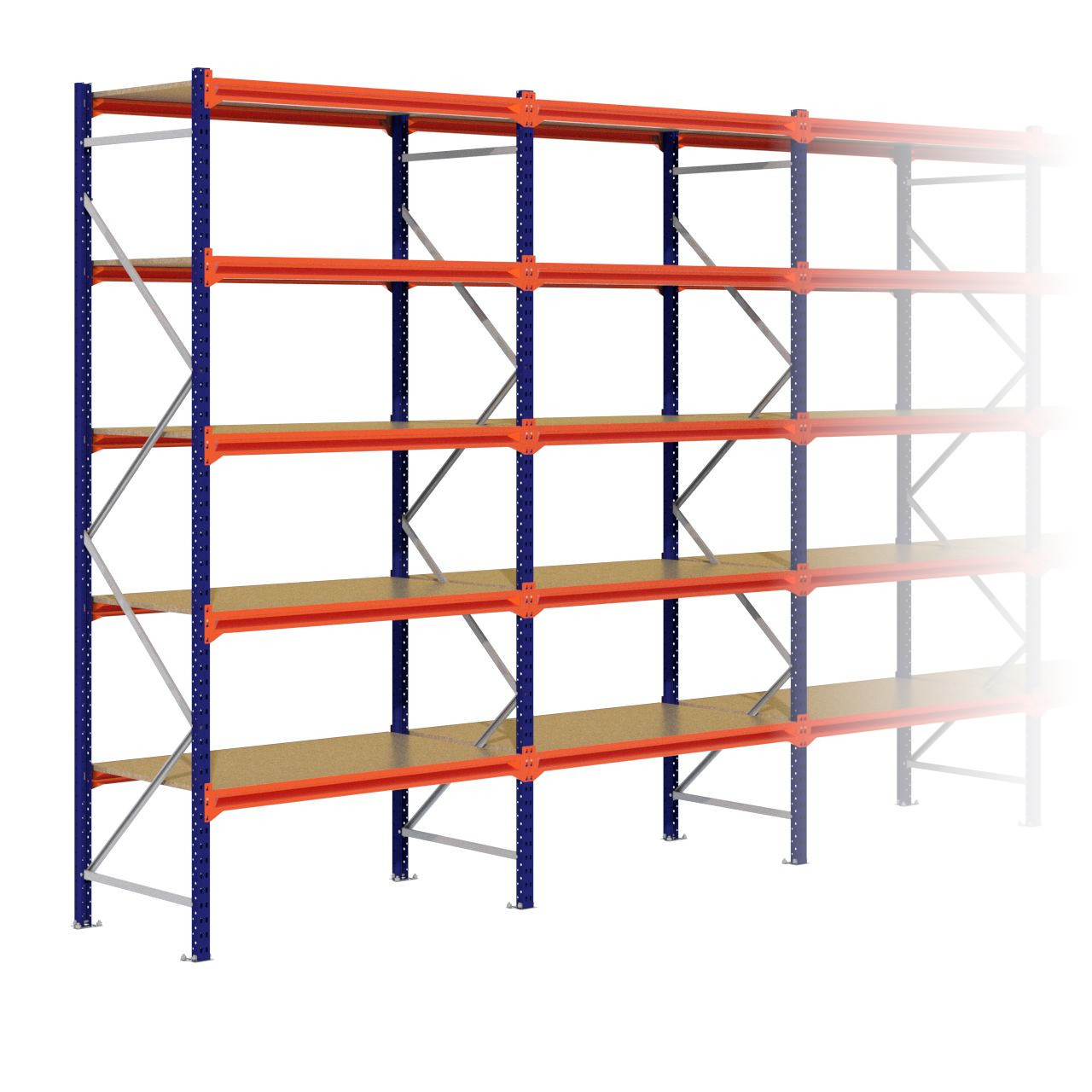 Grootvakstelling 3.000 mm x 14.100 mm x 800 mm (HxLxD) - 5 niveaus (Liggers: 1.350 mm)