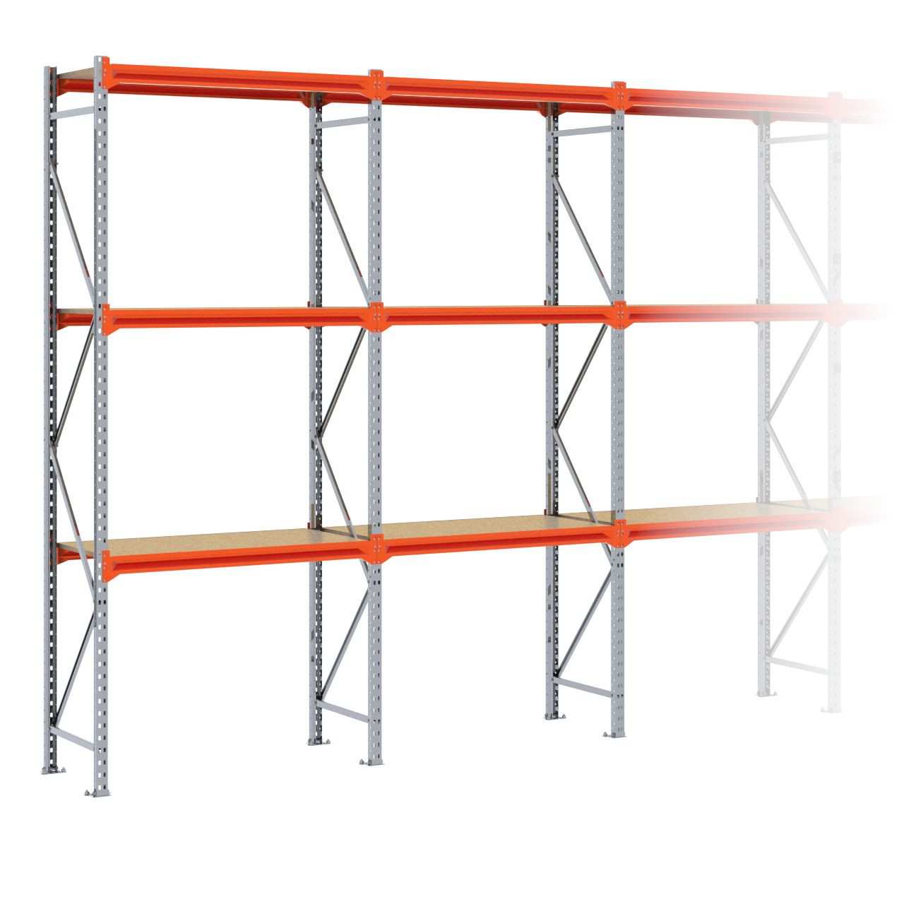 Grootvakstelling 3.000 mm x 8.800 mm x 600 mm (HxLxD) - 3 niveaus GALVA (Liggers: 1.200 mm)