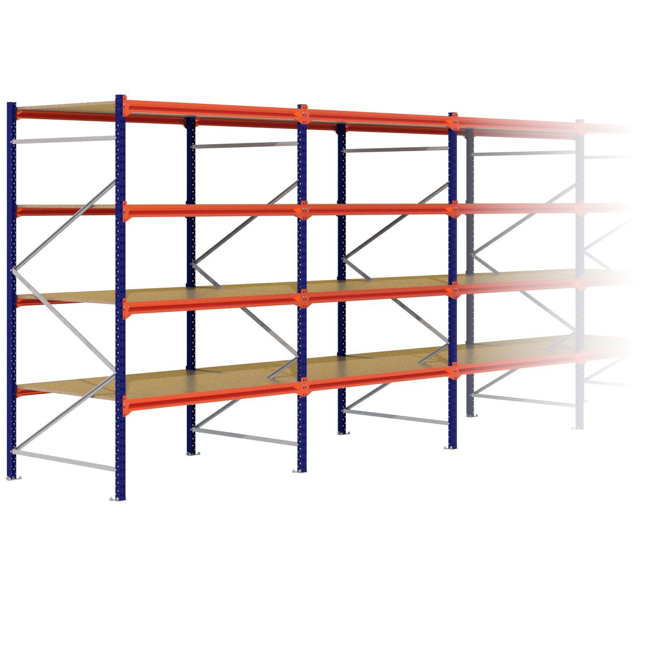 Grootvakstelling 2.500 mm x 11.000 mm x 1.200 mm (HxLxD) - 4 niveaus (Liggers: 1.500 mm)