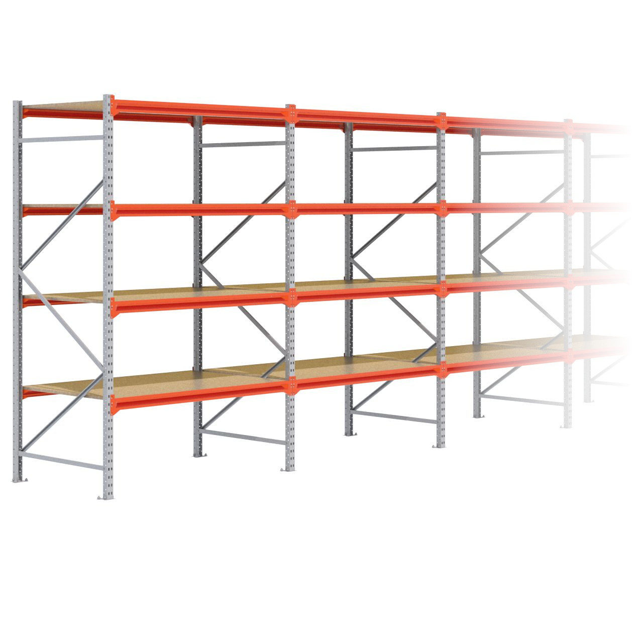 Grootvakstelling 2.500 mm x 11.000 mm x 1.000 mm (HxLxD) - 4 niveaus GALVA (Liggers: 1.500 mm)