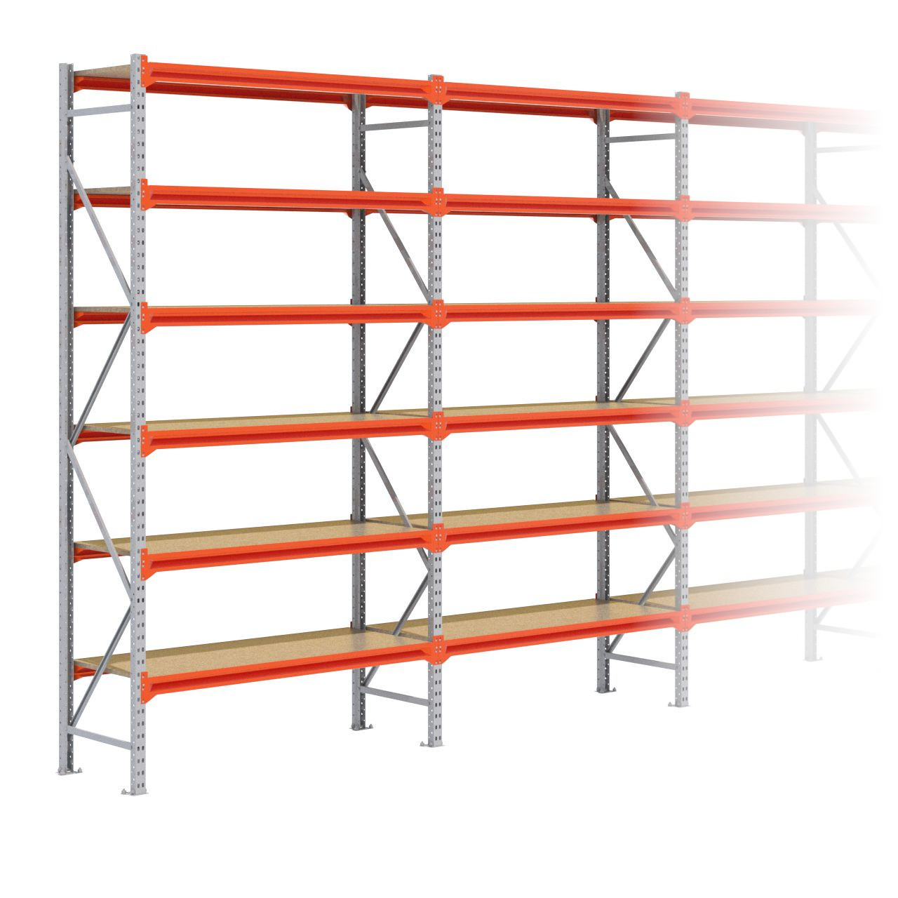 Grootvakstelling 3.000 mm x 15.600 mm x 600 mm (HxLxD) - 6 niveaus GALVA