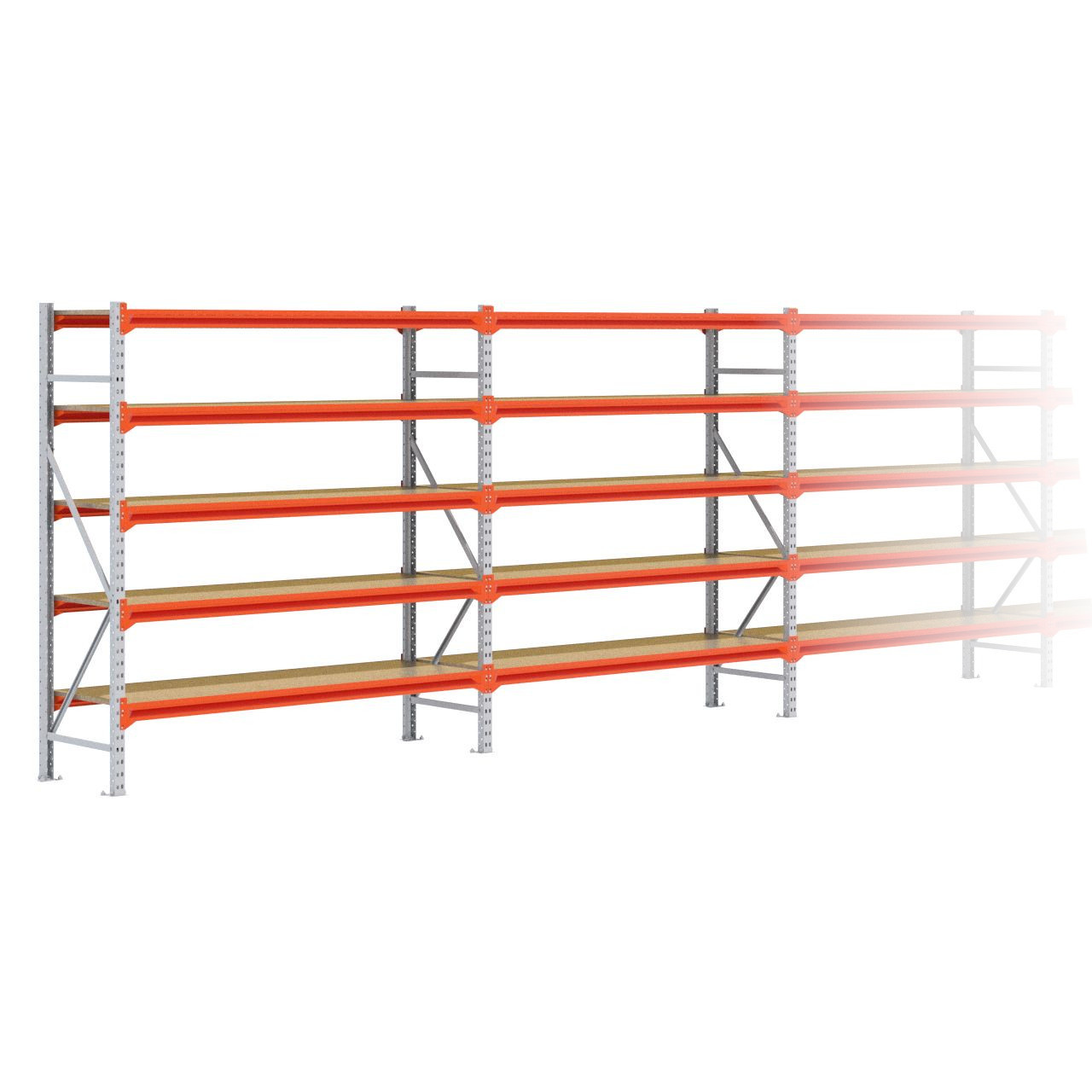 Grootvakstelling 2.000 mm x 15.300 mm x 600 mm (HxLxD) - 5 niveaus GALVA