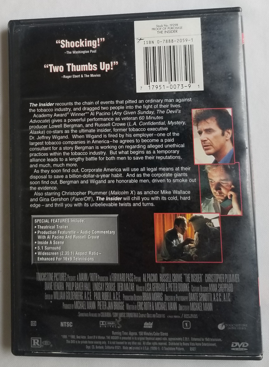 The Insider DVD Movie Stars Al Pacino Russell Crowe