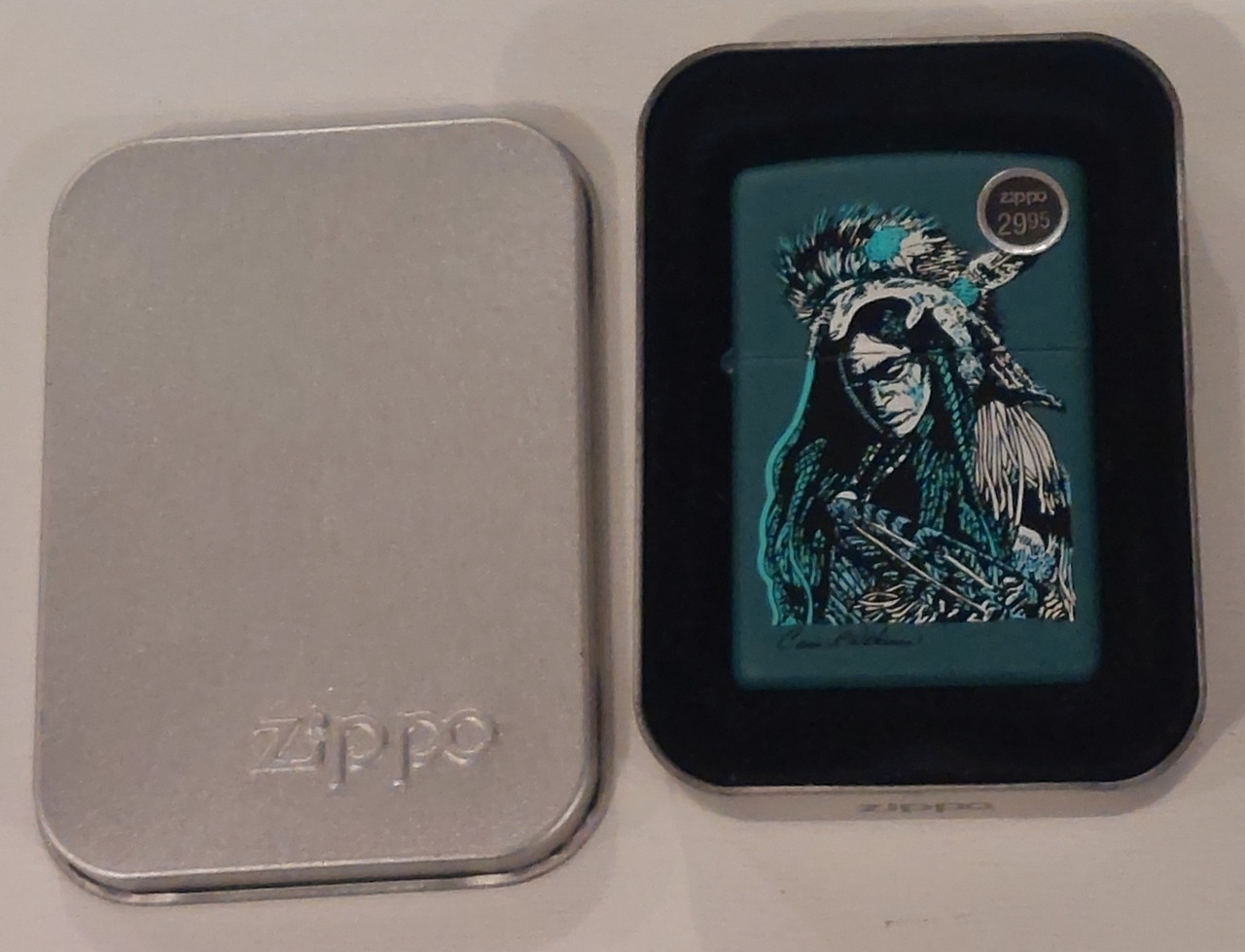 Indian Chief Reflection Green Matte Zippo Lighter by Carson Waterman