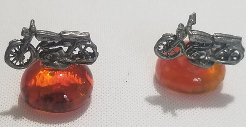 Motorcycle Bike Pewter Mini Figurine on glass stone orange stone pair