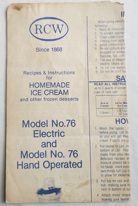 RCW Model 76 Electric Homemade Ice Cream Instructions