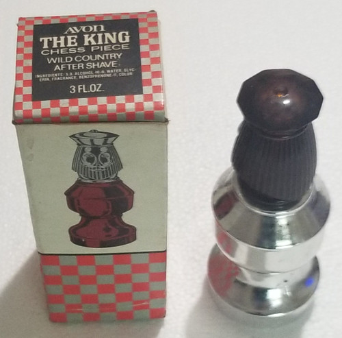 Avon The King Chess Piece Wild Country After Shave Full with Box bottle and box main picture showing them standing