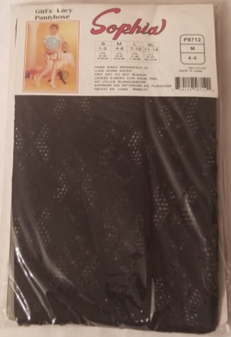 Sophia Girls Lacy Pantyhose Dark Blue Size Medium M 4-6 back of the package
