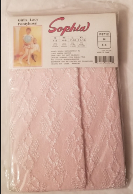 Sophia Girls Lacy Pantyhose Pink Size Medium M 4-6 back of the package