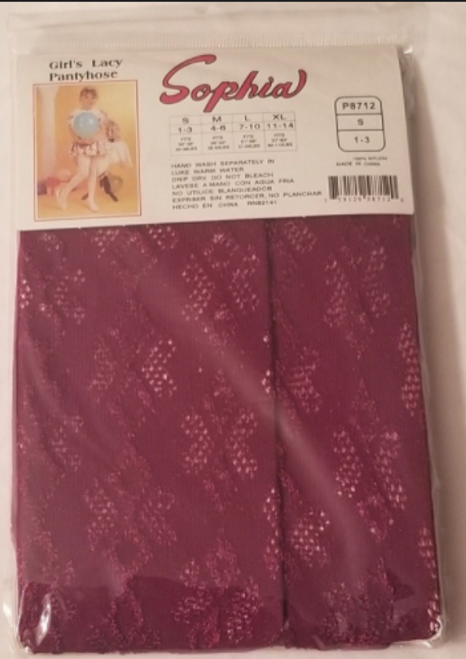 Sophia Girls Lacy Pantyhose Purple Size S Small 1-3 back of the package