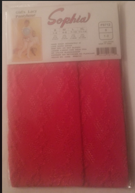 Sophia Girls Lacy Pantyhose Red Size small 1-3 showing the item back side of the package