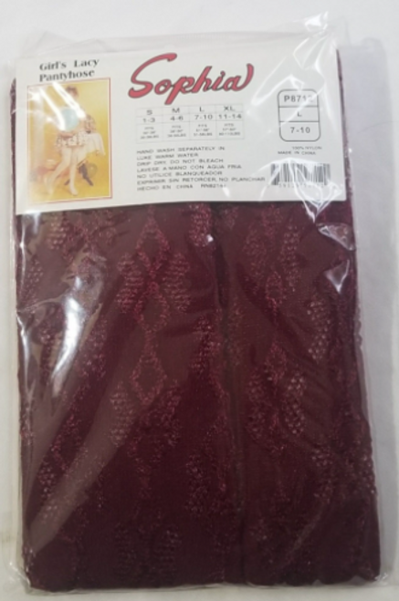 Sophia Girl's Lacy Pantyhose Size Large 7-10 New Burgundy back side of the package