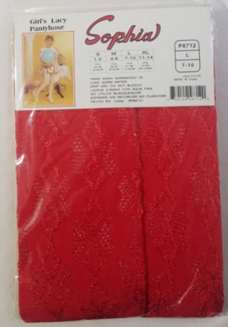 Sophia Girl's Lacy Pantyhose Size Large 7-10 Red back of the package shown