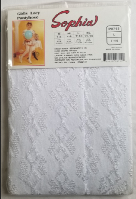 Sophia Girls Lacy Pantyhose White Size Large back of the package