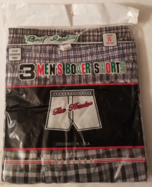 The Hunter 3 pair Mens Boxer Shorts Size Small front of the package The Hunter 3 pair Mens Boxer Shorts Size Small front of the package
