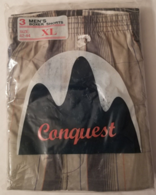 Conquest brand Mens Boxer Shorts 3 pair size XL picture of the front of the package