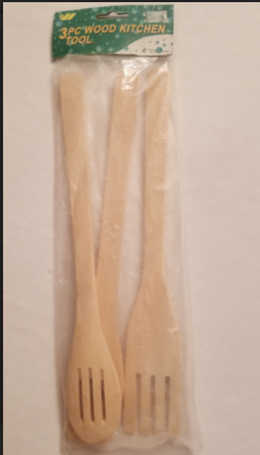 3 pc piece wood kitchen tool utensil Fork Spoon showing them in the package