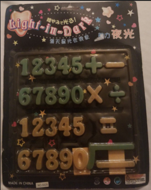 Light Glow in Dark Numbers Multiplication homeschool use stickers showing the front of 1 pack