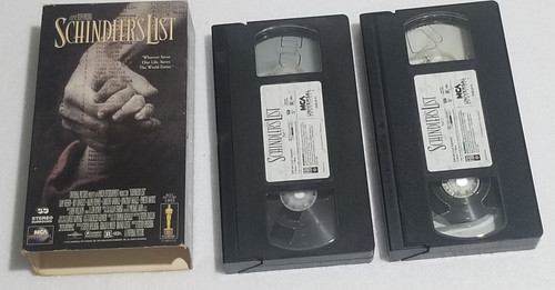 Schindler's List VHS Movie World War 2 story front of the sleeve and the top side of both tapes part 1 & 2
