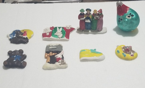 Christmas Ornament & figurine Chalk ware 8 piece lot Cute picture of all 8 items together