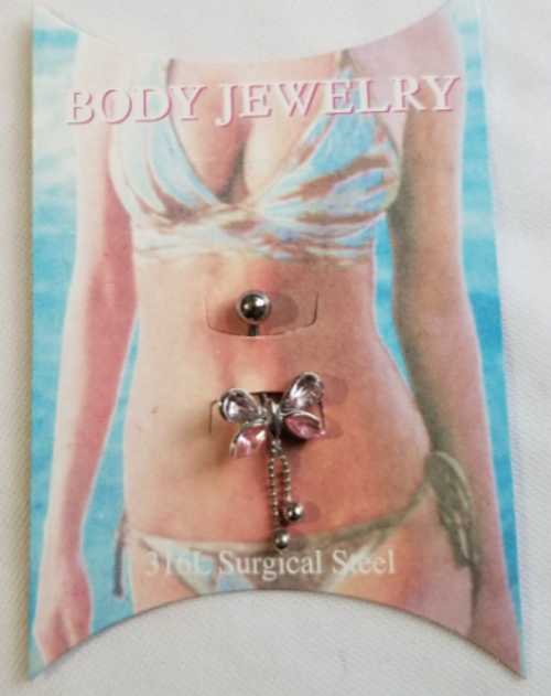 Pink & White Butterfly design body jewelry belly ring 316L showing the jewelry on the card
