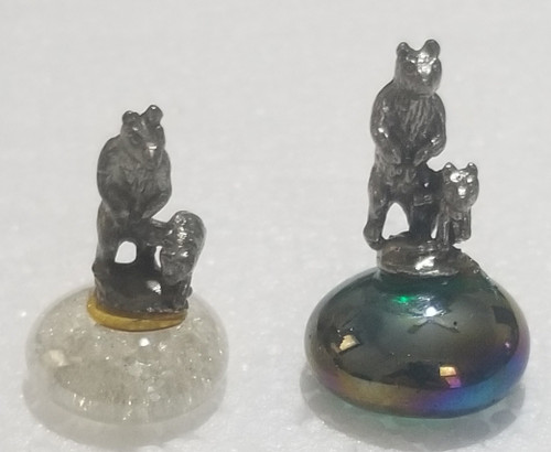 Bear & Bear Cub Pewter Mini figurine on glass Unique white and black bottom stone showing both of them