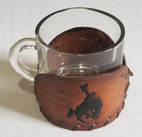 Water Glass Coffee Tea Glass Cowboy rodeo leather holder Unique Vintage