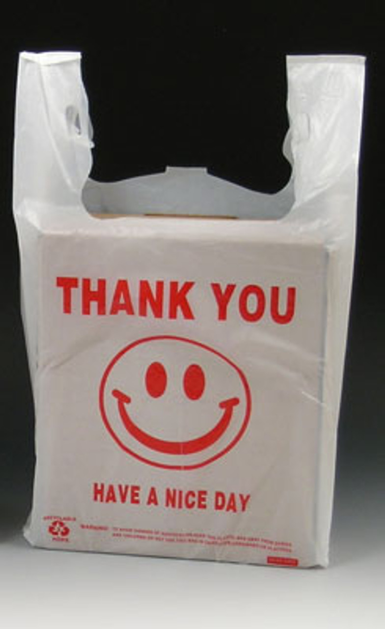 12 x 7 x 23 White High Density T-Shirt Bags with Smiley Face