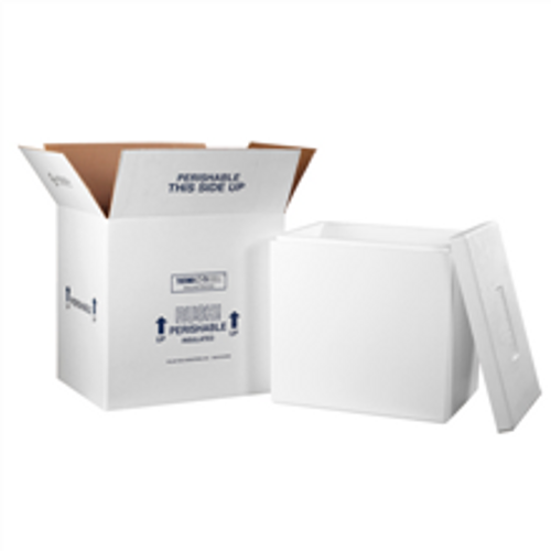 18" x 14" x 19" Insulated Shipping Kits. EPS Foam Container with Lid & 200#/ECT-32 White Corrugated Cardboard Carton.