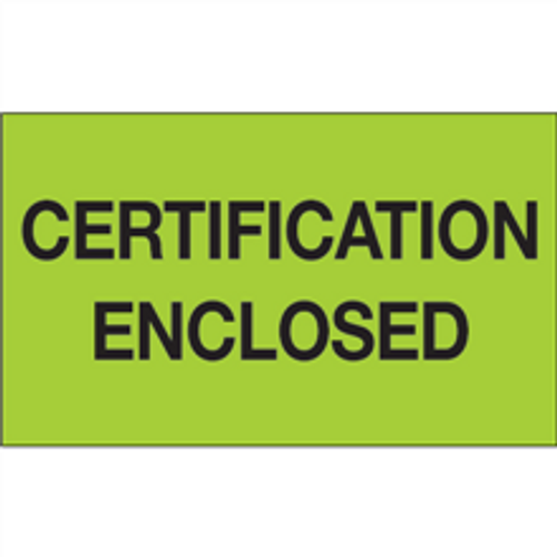 "Certification Enclosed" (Fluorescent Green) Shipping and Handling Labels