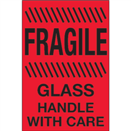 "Fragile - Glass - Handle With Care"  (Fluorescent Red) Shipping and Handling Labels