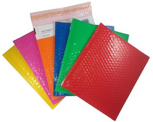 Shiny Shippers Self Seal Bubble Mailers. Blue, Green, Lipstick Pink, Orange, Red, & Yellow Color Envelopes.