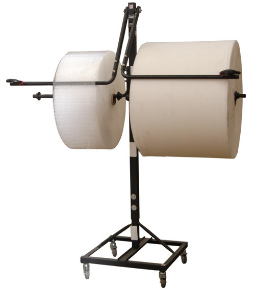 24" Telescoping Double Arm Bubble Cushioning Wrap Foam Roll & Protective Paper Floor Unit Dispenser w/ Casters & Slide Cutter