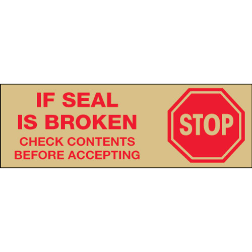 Pre-Printed Carton Sealing Tape with Tan Back Ground - "Stop If Seal Is Broken..."