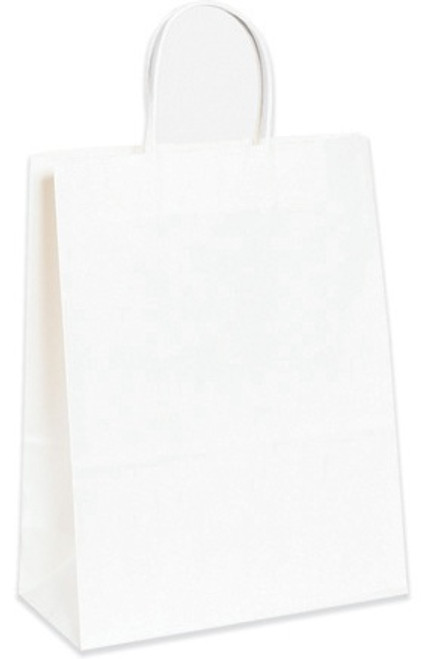 5.25" x 3.25" x 8 3/8" Heavy Duty White Paper Shopping Bags with Twisted Paper Handles